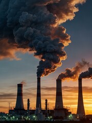 Wall Mural - A power plant emitting smoke against a sunset sky.