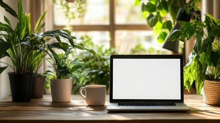 Aufkleber - A cozy workspace features a laptop with a blank screen, a mug of coffee, and various indoor plants.