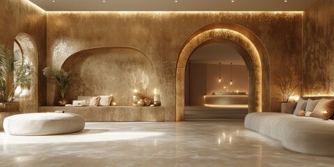Poster - Minimalist Interior Design with Golden Arches and Marble Flooring