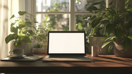 Aufkleber - A calm workspace features a laptop on a wooden desk surrounded by various houseplants.