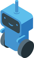Poster - Blue delivery robot moving on wheels with a smiling expression in isometric projection