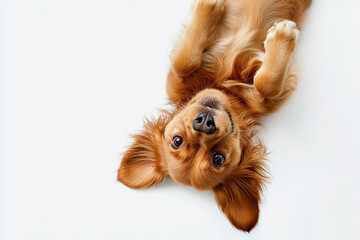 playful golden dog lying on its back, showcasing its fluffy fur and expressive eyes. This adorable pet exudes joy and curiosity