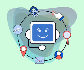 Poster - chatbot character and social media symbols vector illustration. cartoon drawing of ai chat robot wit