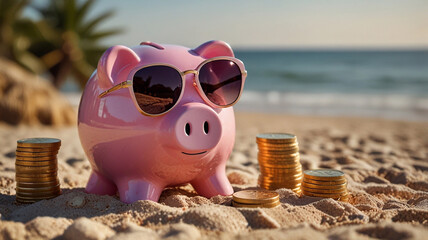 International banking day, pink piggy bank with sunglasses relaxing on beach in summer near gold coins, vacation budget, vacation savings, investment success 
