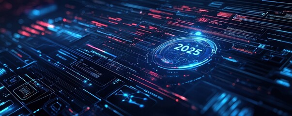 Futuristic digital interface with glowing elements, representing data flow in 2025.
