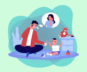 Wall Mural - Happy man giving milk bottle to newborn son while calling wife. Father feeding and playing with baby at home, mother in thought bubble vector illustration. Family, care, parenting, fatherhood concept