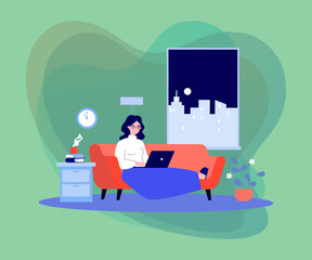 Poster - Happy woman working from home vector illustration. Office worker sitting on couch under blanket, typing on laptop at night. Remote work, self-employment, flexible schedule concept