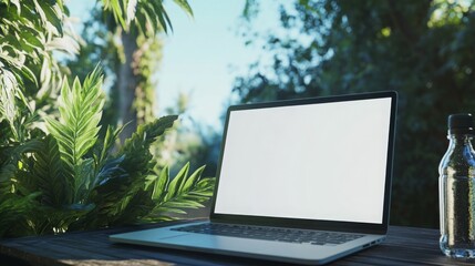Aufkleber - A laptop computer with a blank white screen sits on a wooden table. The laptop is in focus, with the surrounding green foliage blurred in the background.
