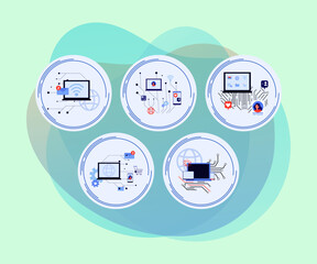 Poster - Optical fiber usage vector illustrations set. Smartphones and computers connected with optical rays, stream of digital information in circles. Digital technology, data transfer concept