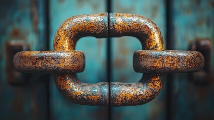 Poster - Close-up of a Rusty Chain Link Against a Blue Background