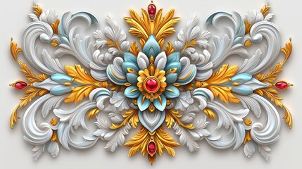 Wall Mural - Gold and white flower design with blue accents. The design is ornate and intricate, with a red flower in the center. Scene is elegant and sophisticated