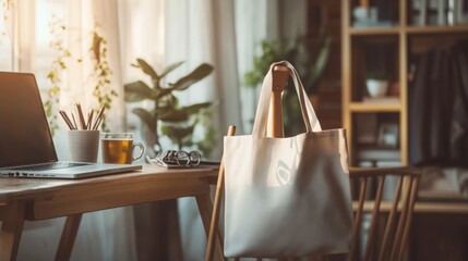 Aufkleber - A white tote bag hangs on the back of a wooden chair in a home office. Sunlight streams in through a window behind a desk with a laptop, pencils, and a glass of tea.
