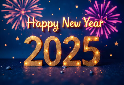 Happy New Year 2025 Design With Fireworks Festive Decorations Background