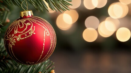 Red Christmas ornament with gold design hanging on a tree branch, AI