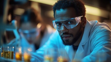 Poster - diverse team of scientists conducting research in a modern laboratory at night
