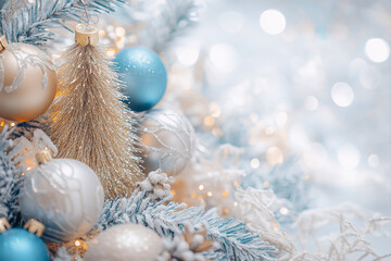 Wall Mural - Abstract background with small decorative Christmas tree and toys in light gold and blue tones