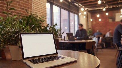 Poster - A workspace filled with lush green plants and individuals focused on their laptops. The warm atmosphere features exposed brick walls and soft lighting, creating an inviting ambiance for productivity.