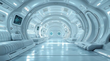 Poster - Futuristic Spaceship Corridor with Seats and a Doorway