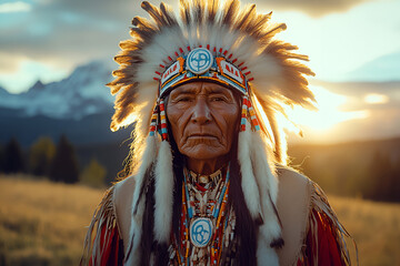 Native American elder in ceremonial attire standing proudly at sunset in open landscape