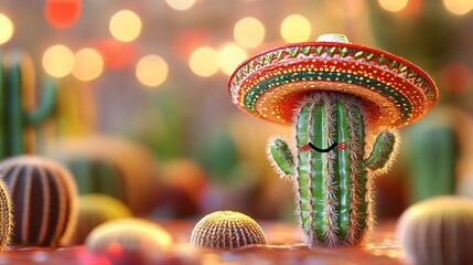 Cactus wearing a mexican sombrero hat. Cinco de mayo celebration background 