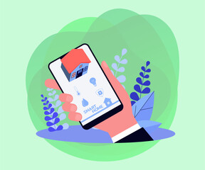 Wall Mural - hand holding mobile phone with smart home application vector illustration. controlling house using a