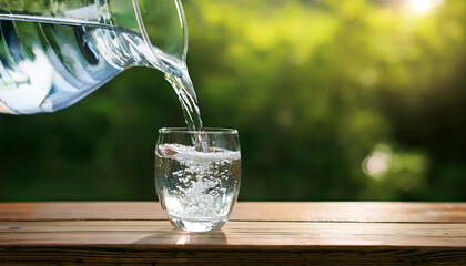 Crystal clear water being poured into a glass outdoors, symbolizing freshness and hydration. Ideal for concepts of health, wellness, and purity.