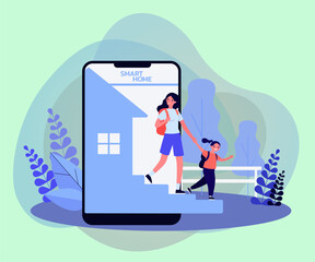 Poster - phone with smart home application vector illustration. drawing of woman and daughter coming out of s