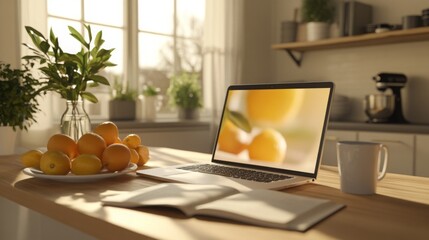 Poster - A well-lit kitchen workspace features a laptop displaying citrus fruits, a bowl of oranges, and an open notebook. The warm, inviting atmosphere is enhanced by sunlight streaming through the windows.