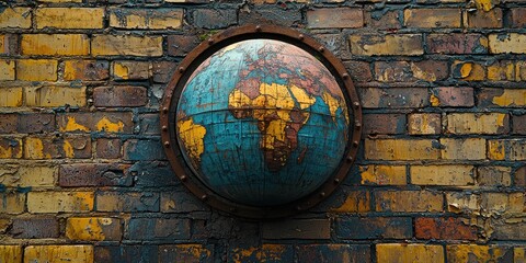 Poster - Worn Globe Embedded in a Weathered Brick Wall