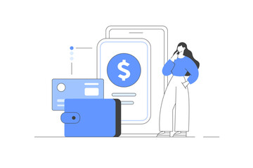Poster - Cash bank card transfer. Character in online internet banking transfer electronic funds. Purse with money and credit bank cards. Sending and receiving. Financial Vector Illustration, icon. Stylish