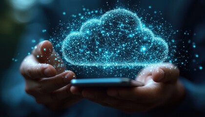 Poster - Person Holding a Smartphone with a Digital Cloud in Their Palms