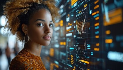 Aufkleber - A Woman Gazing Intently at a Screen Displaying Financial Data