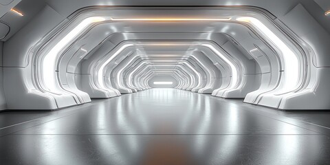 Poster - Futuristic White Corridor with Bright Lights and Metallic Floor