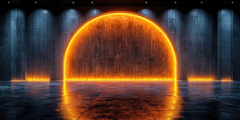 Poster - Concrete Wall with Orange Neon Archway and Reflective Floor