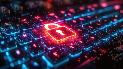 Poster - Glowing Neon Padlock on a Futuristic Keyboard
