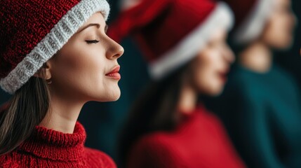 Women wearing Christmas hats, singing carols with closed eyes, festive atmosphere, holiday spirit.