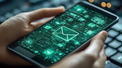 Poster - Person holding a smartphone with a glowing green email icon on the screen.
