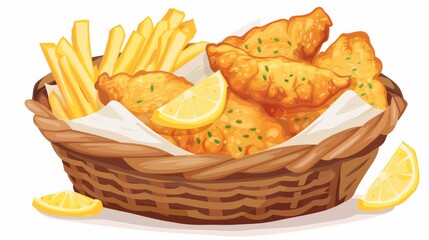 Scene of a basket of fish and chips with malt vinegar flat design side view British classic theme water color Split-complementary color scheme