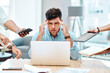 © peopleimages.com - Businessman, multitasking and headache for stress, mental health and frustrated at office. Male person, overwhelmed and burnout for time management, busy and technology with anxiety in finance agency