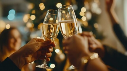 Aufkleber - Three hands are shown holding champagne glasses in a celebratory toast. The glasses are filled with golden champagne and the hands are blurred.