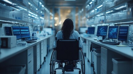 Poster - A wheelchair user conducts research in a well-equipped laboratory during evening hours