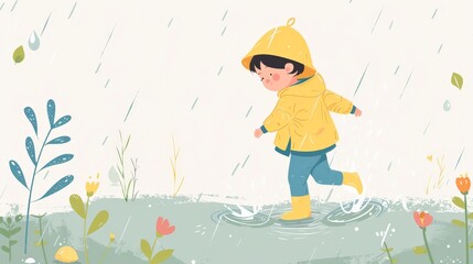 Scene of a child splashing in a puddle flat design side view playful rain theme water color Monochromatic Color Scheme