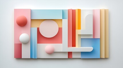 Modern abstract 3d art with pastel shapes in geometric floating pattern against white background