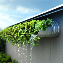 A serene scene of water flowing from a gutter, surrounded by lush green plants, emphasizing nature's harmony with architecture.