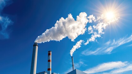 A smokestack emitting white smoke against a clear blue sky and bright sun, depicting industrial pollution and environmental impact.