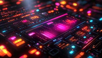 Leinwandbilder - Futuristic Interface with Neon Lights and Data Visualizations