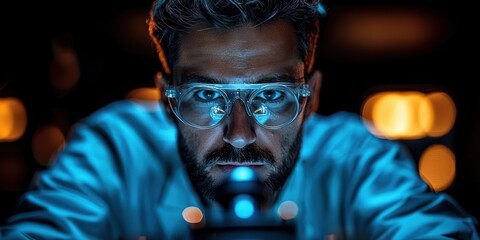 Poster - A Man in Safety Glasses Looking Through a Microscope