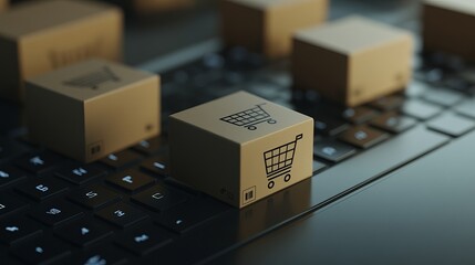 E-commerce and delivery service concept: Paper boxes marked with a shopping cart logo rest on a laptop keyboard, illustrating online orders made through retailer websites