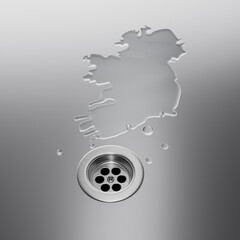 Ireland Water Map With Drainage Metal Sink Save Water And Water Wastage Concept 3D Illustration