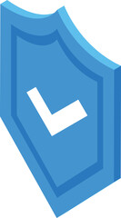 Poster - Blue shield with check mark symbolizing security, protection, and guarantee, ensuring safety and reliability in online and offline environments